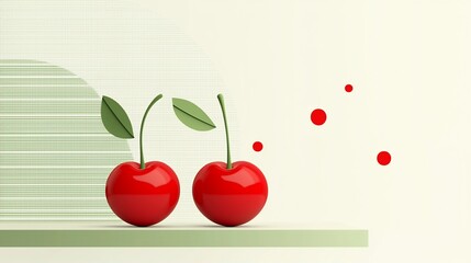 Wall Mural - Two glossy red cherries with green stems and leaves on a minimalist background.