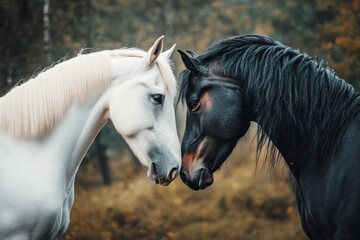Naklejka na meble White and black horses show affection by touching noses	