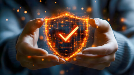 Poster - Digital Security Concept with Sparkling Shield and Check Mark Held in Hands Representing Protection and Assurance in a Digital Environment