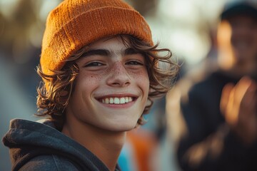 Wall Mural - Young boy wearing orange beanie smiles brightly in warm sunlight during outdoor gathering with friends in the afternoon. Generative AI