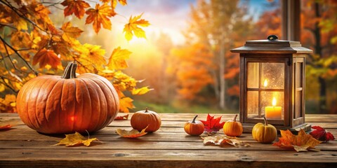 Poster - A Rustic Autumn Scene with Pumpkins, a Lantern, and Fallen Leaves on a Wooden Table