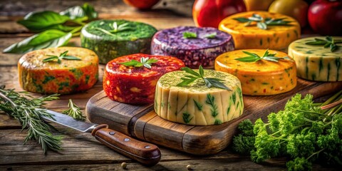 Poster - A rustic wooden board showcases an assortment of herb infused cheese rounds, each with a distinct color and flavor, offering a tantalizing culinary experience.