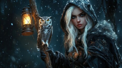 Wall Mural - A mysterious witch with white hair and a dark hood, illuminated by the soft light of a lantern. Accompanied by a large owl perched on her back, background AI generated image