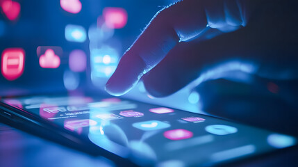Poster - Close-Up of a Hand Tapping on a Smartphone Screen Surrounded by Colorful App Icons and Glowing Soft Light Effects in a Modern Digital Environment