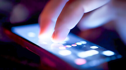 Poster - Close-up of a human finger tapping on a smartphone screen with illuminated apps in a dark environment showcasing modern technology and connectivity