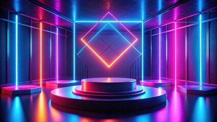 Aufkleber - A Modern Minimalistic Space Illuminated by a Vibrant Array of Neon Lights, Featuring a Circular Platform