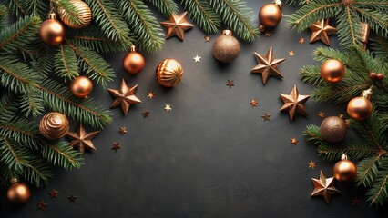 Poster - A Festive Arrangement of Evergreen Branches with Gold Christmas Ornaments and Sparkling Stars on a Dark Background