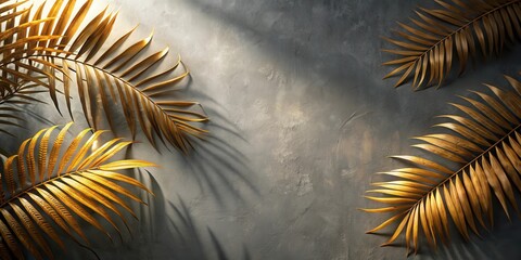 Wall Mural - Golden palm leaves on a gray textured background, illuminated by a ray of sunlight.