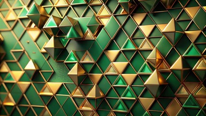Poster - Geometric Abstract Art Interlocking Green and Gold Triangles in a Dynamic Composition