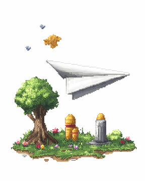 Pixel art of paper plane flying above a grassy area with a tree and two small structures, birds and a leaf in background, for digital use.