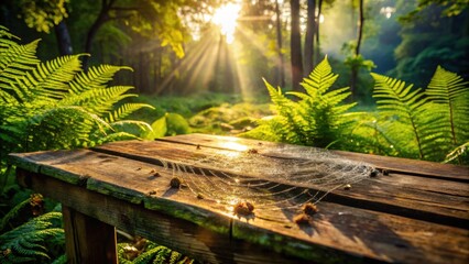 Poster - A wooden table in a forest clearing bathed in golden sunlight with a spiderweb glistening with morning dew