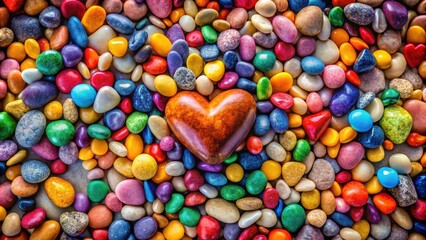Poster - a heart-shaped stone surrounded by colorful pebbles, each a unique hue and texture, creating a vibra