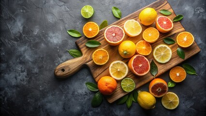 Poster - A collection of citrus fruits, including lemons, limes, oranges, and grapefruits, sliced and arranged on a wooden cutting board with green leaves scattered around