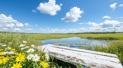 Sticker - Scenic summer day at tranquil lake with weathered wooden dock and wildflowers.