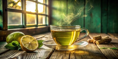 Poster - A steaming cup of tea on a wooden table with a window behind it and a lemon slice, lime and mint in the foreground