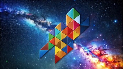 Poster - A vibrant, multi-colored, geometric abstract design featuring an array of triangles against a cosmic backdrop of swirling nebulas and sparkling stars.