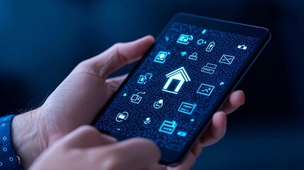 Poster - A person holds a device displaying a smart home control interface, representing the effortless integration of technology and home automation.