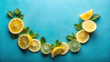 Poster - A refreshing arrangement of lemon slices and fresh mint leaves on a vibrant blue background, ideal for summer drinks and culinary inspiration