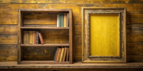 Poster - A rustic wooden bookshelf and a frame mounted on a wood plank wall. The shelf is filled with various books, and the frame has a blank, yellow canvas inside.