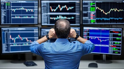 Poster - A trader scrutinizes stock market data on screens. The back of a trader is shown observing dynamic financial charts and graphs on multiple computer screens in a high-tech trading office.