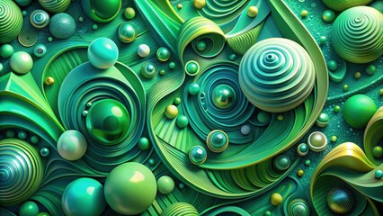 Poster - A symphony of swirling green forms, with spheres and spirals interweaving to create a visually captivating abstract landscape.