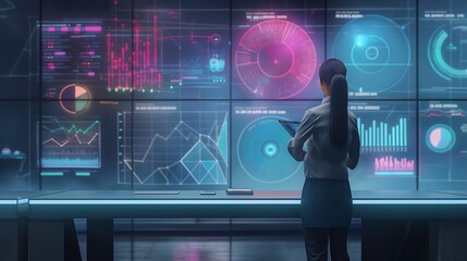 Poster - Virtual assistant presenting annual business reports with line graphs and pie charts in a fully digital workspace.