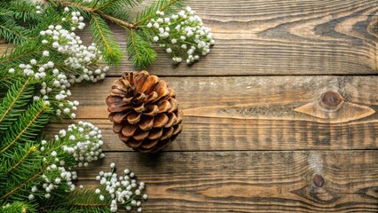 Poster - Rustic Christmas Background with Pine Cone and Evergreen Sprigs with White Berries on Weathered Wood