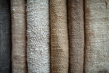 Wall Mural - Rolled fabric samples, various textures, earthy tones.