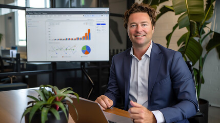 Poster - virtual assistant presenting annual business reports with line graphs and pie charts in a fully digi