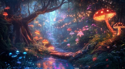 Poster - Enchanted forest path, glowing fungi, stream.