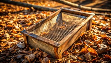 Poster - A rustic wooden box with a wire mesh top lies nestled amongst a bed of fallen autumn leaves, illuminated by the warm glow of the afternoon sun.