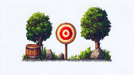 Target between trees, with a barrel, stones, grass in a white background, for a game, website or ui design.