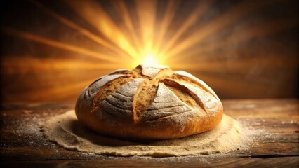 Poster - A Freshly Baked Loaf of Bread Glowing with Warm Light on a Rustic Wooden Table