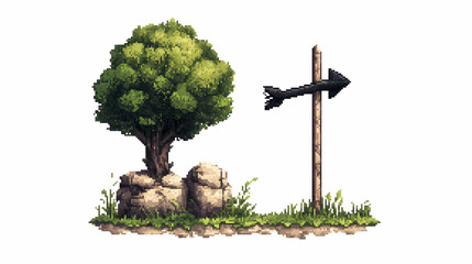 Arrow sign points right next to tree on rocks, on grassy area, isolated on white, for game asset.