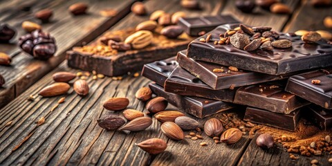 Poster - Aromatic Dark Chocolate Bars with Roasted Almonds and Cocoa Nibs on a Rustic Wooden Background