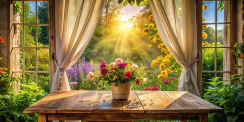 Poster - A sunlit table sits near a window with sheer curtains overlooking a lush garden, bathed in golden light, featuring vibrant flowers and foliage.