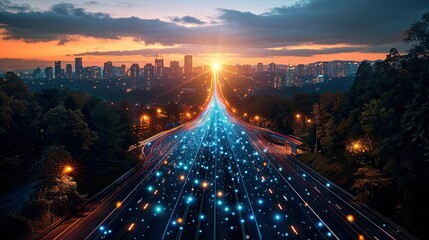 Poster - A vibrant highway leading into a city at sunset, enhanced with digital light effects.