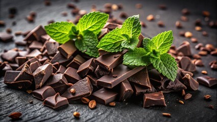 Poster - A close-up view of fresh mint leaves resting on a bed of broken dark chocolate pieces, creating a visually appealing contrast between the vibrant green and rich brown hues.