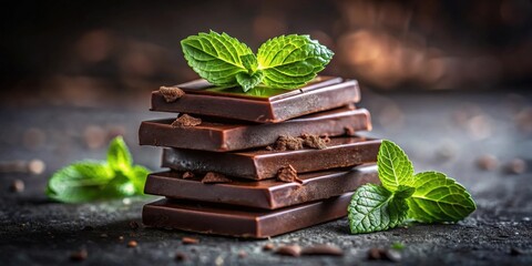 Poster - A Stack of Dark Chocolate Bars Garnished with Fresh Mint Leaves on a Rough Dark Surface