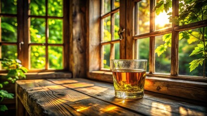 Poster - A glass of amber liquid rests on a worn wooden window sill, bathed in the warm glow of sunlight streaming through the windowpane, revealing a vibrant green vista beyond.