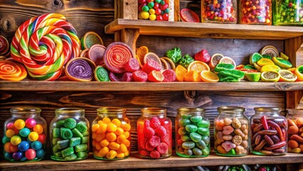 Poster - A colorful display of candies on wooden shelves, showcasing a variety of flavors and shapes.