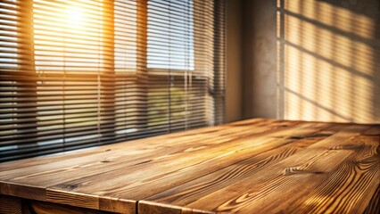 Aufkleber - A close-up shot of a rustic wooden table with a blurred background of blinds and sunlight streaming through a window