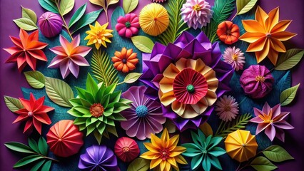 Poster - A vibrant collection of paper flowers in assorted colors arranged on a textured teal and purple background, showcasing the artistry of paper crafting and the beauty of floral designs.
