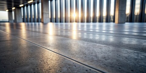 Fototapete - A Concrete Floor Reflects the Warm Glow of the Sunset Through an Array of Slats