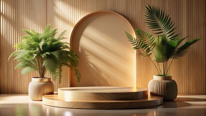 Poster - Sunlight filtering through a wooden archway illuminates a natural product display, creating a warm and inviting atmosphere.