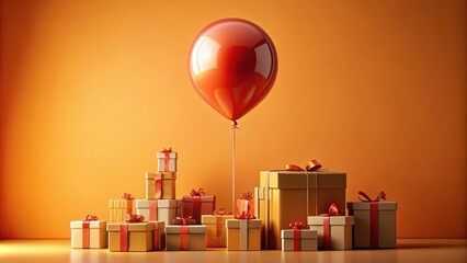 Wall Mural - A single red balloon floats above a cluster of gift boxes tied with red bows on a warm orange background.