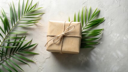 Poster - A Simple Gift Box Wrapped in Brown Paper with a Twine Bow and Green Palm Leaf Decorations on a Neutral Background