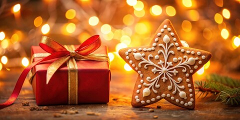 Poster - A Festive Gingerbread Star and Red Gift Box Against a Background of Warm Bokeh Lights
