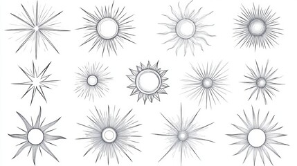 Poster - Abstract sun burst collection - hand drawn sunshine lines set. Sunshine and sunburst radial shape, star line burst, vector illustration, Sunburst gold vintage explosion. Handdrawn vector Design.