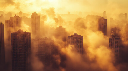 Wall Mural - A hazy city skyline at sunrise, shrouded in mist and illuminated by golden light, creating a dramatic atmospheric effect.